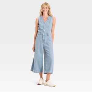 Light Wash Denim Button-Front Wide Leg Jumpsuit